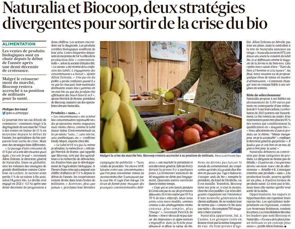 Naturalia et Biocoop, deux stratégies divergentes pour sortir de la crise du bio- Les ECHOS- Octobre 2022